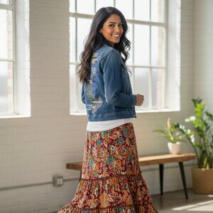 Chico's Tropical Embroidered Denim Jacket Small Blue Floral Boho Jean Coat